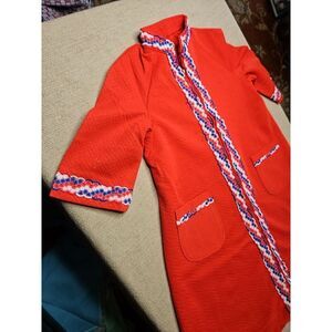 VTG 70s Girls RED LONG ROBE Stand Up Collar Oriental Look ZIP UP‎ Pockets Sz 6